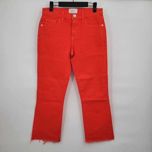 Current/Elliott Kick Flare-Leg Crop Jeans Mid-Rise Raw Hem Fiery Red 27 Womens - Picture 2 of 16
